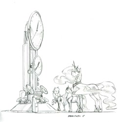 Size: 1100x1129 | Tagged: safe, artist:baron engel, character:princess celestia, oc, species:alicorn, species:earth pony, species:pony, species:unicorn, clock, female, grayscale, magic suppression, mare, monochrome, pencil drawing, simple background, story included, traditional art, white background