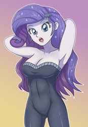 Size: 2033x2913 | Tagged: safe, artist:sumin6301, character:rarity, episode:the other side, g4, my little pony: equestria girls, my little pony:equestria girls, armpits, bare shoulders, bodysuit, breasts, busty rarity, cleavage, clothing, female, looking at you, open mouth, simple background, sleeveless, solo, strapless, stupid sexy rarity