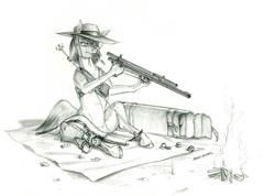 Size: 1500x1068 | Tagged: safe, artist:baron engel, oc, oc only, oc:long shot, species:pony, blanket, clothing, female, fire, grayscale, gun, gun barrel, gun cleaning, hat, hoof hold, mare, monochrome, pencil drawing, scope, simple background, solo, story included, traditional art, weapon, white background