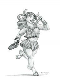 Size: 1000x1303 | Tagged: safe, artist:baron engel, character:yona, species:anthro, species:unguligrade anthro, species:yak, black and white, bow, breasts, busty yona, clothing, cloven hooves, female, grayscale, hair bow, midriff, monkey swings, monochrome, pencil drawing, running, sailor uniform, school uniform, schoolgirl, schoolgirl toast, simple background, solo, traditional art, white background