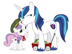 Size: 1200x900 | Tagged: safe, artist:dm29, character:shining armor, character:sweetie belle, species:pony, species:unicorn, blushing, cookie, crush, female, filly, filly scouts, food, forehead kiss, girl scout cookies, kissing, male, shining armor is not amused, stallion, unamused, wagon