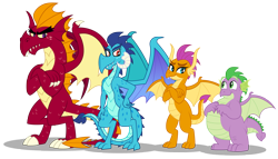 Size: 5000x2853 | Tagged: safe, artist:aleximusprime, character:garble, character:princess ember, character:smolder, character:spike, species:dragon, chubby, cute, dragon lord ember, emberbetes, fat spike, future, gardorable, horns, older, older ember, older garble, older smolder, older spike, plump, scale, simple background, size comparison, size difference, smolderbetes, transparent background, winged spike, wings