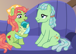 Size: 1406x1000 | Tagged: safe, artist:cloudyglow, character:sandbar, character:tree hugger, species:pony, aunt and nephew, baby, baby pony, beachcomber (g4), brother and sister, female, male, siblings