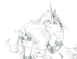 Size: 1280x988 | Tagged: safe, artist:baron engel, character:princess celestia, oc, species:alicorn, species:pony, species:unicorn, female, glasses, grayscale, horn ring, jewelry, magic suppression, mare, monochrome, pencil drawing, regalia, simple background, story included, traditional art, white background