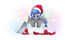 Size: 2560x1440 | Tagged: source needed, safe, artist:mysticalpha, oc, oc:moonslurps, species:bat pony, species:pony, christmas, clothing, cute, hat, holiday, male, present, santa hat, simple background, solo, stallion, white background