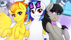 Size: 1280x720 | Tagged: safe, artist:jonfawkes, character:dj pon-3, character:octavia melody, character:spitfire, character:vinyl scratch, species:earth pony, species:pegasus, species:pony, species:unicorn, blushing, bow tie, fanfic, fanfic art, female, grin, hooves, horn, hug, looking at you, mare, microphone, open mouth, smiling, spread wings, sunglasses, teeth, the vinyl scratch tapes, trio, waifu, waifus, wings