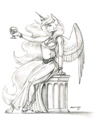 Size: 1062x1369 | Tagged: safe, artist:baron engel, part of a set, character:princess celestia, species:alicorn, species:anthro, species:pony, species:unguligrade anthro, breasts, cleavage, clothing, dress, female, glass, grayscale, horn jewelry, jewelry, mare, monochrome, pencil drawing, side slit, simple background, sketch, smiling, solo, traditional art, white background, wine glass