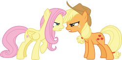 Size: 6051x3000 | Tagged: safe, artist:cloudyglow, artist:yanoda, character:applejack, character:fluttershy, species:earth pony, species:pegasus, species:pony, episode:sounds of silence, g4, my little pony: friendship is magic, .ai available, absurd resolution, argument, clothing, cowboy hat, duo, female, freckles, hat, mare, nose to nose, raised hoof, simple background, stetson, transparent background, vector