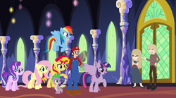 Size: 2311x1281 | Tagged: safe, artist:limedreaming, artist:selenaede, artist:user15432, base used, character:fluttershy, character:rainbow dash, character:spike, character:starlight glimmer, character:sunset shimmer, character:twilight sparkle, character:twilight sparkle (alicorn), species:alicorn, species:dragon, species:human, species:pegasus, species:pony, species:unicorn, my little pony:equestria girls, (mario) the music box, alice aduraice, barely eqg related, barely pony related, bracelet, butterfly, butterfly wings, clothing, crossover, equestria girls style, equestria girls-ified, glasses, hasbro, hasbro studios, jewelry, maridash, mario, marioshy, necktie, nintendo, riba aduraice, shoes, super mario bros., twilight's castle, winged spike, wings