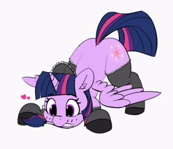 Size: 1256x1080 | Tagged: safe, artist:pabbley, edit, character:twilight sparkle, character:twilight sparkle (alicorn), species:alicorn, species:pony, blushing, clothing, color edit, colored, cute, duster, ear fluff, face down ass up, female, floating heart, heart, maid, maid headdress, mare, mouth hold, shoes, simple background, smiling, socks, solo, spread wings, stockings, thigh highs, twiabetes, white background, wings