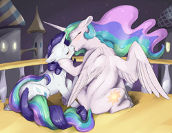Size: 1320x1020 | Tagged: safe, artist:silfoe, character:princess celestia, character:rarity, species:alicorn, species:pony, species:unicorn, ship:rarilestia, balcony, blushing, canterlot, duo, eyes closed, female, intertwined tails, kissing, lesbian, mare, shipping