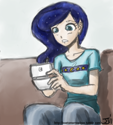 Size: 906x1000 | Tagged: safe, artist:johnjoseco, artist:michos, character:princess luna, species:human, gamer luna, colored, female, humanized, nintendo ds, sitting, solo