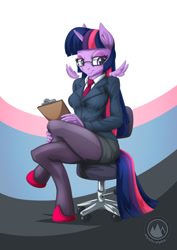 Size: 955x1351 | Tagged: safe, artist:mysticalpha, character:twilight sparkle, character:twilight sparkle (alicorn), species:alicorn, species:anthro, species:pony, species:unguligrade anthro, business suit, chair, clothing, female, floating wings, glasses, mare, skirt, skirt suit, solo, suit