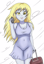 Size: 2245x3287 | Tagged: safe, artist:sumin6301, character:derpy hooves, my little pony:equestria girls, breasts, busty derpy hooves, cellphone, cleavage, clothing, cute, derpabetes, dress, female, high res, phone, smiling, solo, stupid sexy derpy, suitcase