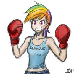 Size: 700x700 | Tagged: safe, artist:johnjoseco, artist:michos, character:rainbow dash, species:human, boxing gloves, clothing, colored, female, grin, humanized, smiling, solo, tank top