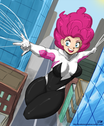 Size: 1000x1214 | Tagged: dead source, safe, artist:johnjoseco, colorist:lanceomikron, edit, character:pinkie pie, species:human, clothing, color edit, colored, costume, female, gwen stacy, humanized, marvel, solo, spider-gwen, spider-man, thick