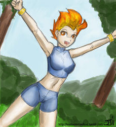 Size: 914x1000 | Tagged: safe, artist:johnjoseco, artist:michos, character:spitfire, species:human, armpits, belly button, female, humanized, midriff, solo