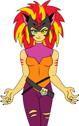 Size: 1000x1587 | Tagged: safe, artist:cloudyglow, character:sunset shimmer, my little pony:equestria girls, catgirl, catra, claws, clothing, crossover, female, heterochromia, looking at you, netflix, pants, she-ra and the princesses of power, simple background, smiling, solo, transparent background