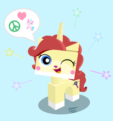 Size: 2364x2536 | Tagged: safe, artist:aleximusprime, oc, oc:eilemonty, species:pony, species:unicorn, cat, crossover, cute, eileen montgomery, eilemonty, female, heart, lego, looking at you, one eye closed, parody, peace, peace love and unicorns, peace symbol, pictogram, solo, the lego movie, unikitty, wink