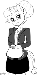 Size: 500x1000 | Tagged: safe, artist:empyu, character:rarity, species:anthro, species:pony, species:unicorn, business suit, businessmare, clothing, female, hair bun, looking at you, monochrome, skirt, skirt suit, smiling, solo, suit