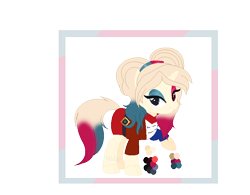 Size: 800x624 | Tagged: safe, artist:selenaede, artist:vixenfin, base used, oc, oc only, oc:har-harley queen, species:pony, species:unicorn, bedroom eyes, belt, clothing, dc comics, eyeshadow, female, harley quinn, heterochromia, jacket, makeup, mare, pigtails, raised hoof, reference sheet, shirt, simple background, skirt, solo, t-shirt, transparent background