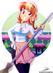 Size: 920x1260 | Tagged: safe, artist:the-butch-x, oc, oc:mandarine mélange, my little pony:equestria girls, birthday gift, broom, equestria girls-ified, female, smiling, solo, stool, table, waitress