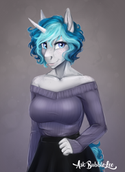Size: 1857x2550 | Tagged: safe, artist:askbubblelee, oc, oc only, oc:bubble lee, species:anthro, species:pony, species:unicorn, abstract background, adorasexy, anthro oc, beautiful, big breasts, blouse, blushing, breasts, clothing, curved horn, cute, eyelashes, female, freckles, horn, lips, looking at you, mare, neck freckles, ocbetes, off shoulder, off shoulder sweater, sexy, short hair, shoulder freckles, shoulderless, signature, skirt, smiling, solo, sweater, sweater puppies, wavy mane
