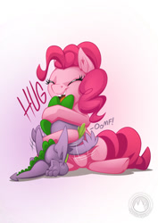 Size: 955x1351 | Tagged: safe, artist:mysticalpha, character:pinkie pie, character:spike, species:dragon, species:earth pony, species:pony, eyes closed, female, glomp, hape, happy, hug, male, mare, open mouth, smiling, spikelove, winged spike