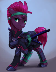 Size: 1020x1320 | Tagged: safe, artist:silfoe, character:tempest shadow, species:pony, species:unicorn, my little pony: the movie (2017), armor, broken horn, commission, female, headband, horn, katana, looking at you, mare, raised hoof, royal guard, samurai, simple background, solo, sword, tempest becomes a royal guard, twilight's royal guard, weapon