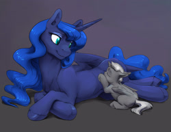 Size: 3300x2550 | Tagged: safe, artist:silfoe, character:princess luna, oc, oc:night mist, species:alicorn, species:bat pony, species:pony, adopted offspring, alicorn oc, bat pony alicorn, breastfeeding, cute, ear fluff, eyes closed, eyeshadow, female, floppy ears, foal, gradient background, gray background, horses doing horse things, leg fluff, lidded eyes, looking back, lunabetes, makeup, male, mare, maternaluna, missing accessory, mother and son, nonsexual nursing, nursing, ocbetes, offspring, on side, prone, silfoe is trying to murder us, simple background, sitting, smiling, story included, suckling, unshorn fetlocks