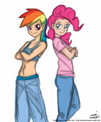 Size: 659x800 | Tagged: safe, artist:johnjoseco, character:pinkie pie, character:rainbow dash, species:human, belly button, clothing, crossed arms, duo, duo female, female, humanized, looking at you, midriff, sports bra