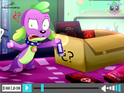Size: 1360x1020 | Tagged: safe, artist:the-butch-x, character:spike, character:spike (dog), species:dog, episode:reboxing with spike!, g4, my little pony: equestria girls, my little pony:equestria girls, spoiler:eqg series (season 2), book, box, confused, dark web, deep web, flash drive, looking at you, male, paws, satanism, signature, snuff film, solo, usb, vhs, youtube
