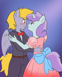 Size: 800x1000 | Tagged: safe, artist:empyu, character:crackle pop, character:liza doolots, character:petunia, character:tootsie flute, species:anthro, species:pegasus, species:pony, species:unicorn, blushing, bow, bow tie, clothing, dress, female, looking at each other, male, shipping, smiling, straight, suit, tootsiepop