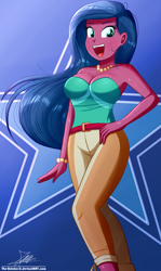 Size: 850x1430 | Tagged: safe, artist:the-butch-x, character:desert sage, equestria girls:spring breakdown, g4, my little pony: equestria girls, my little pony:equestria girls, spoiler:eqg series (season 2), background human, bare shoulders, beautiful, bracelet, breasts, bustier, busty desert sage, cleavage, clothing, desert sage, female, hand on hip, jewelry, necklace, open mouth, pants, sexy, sleeveless, smiling, solo, strapless, that was fast, tube top