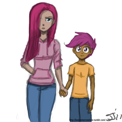 Size: 1280x1280 | Tagged: safe, artist:johnjoseco, character:pinkamena diane pie, character:pinkie pie, character:scootaloo, species:human, species:pegasus, species:pony, clothing, duo, duo female, female, holding hands, hoodie, humanized