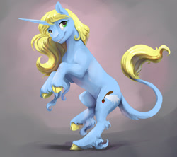 Size: 2875x2550 | Tagged: safe, artist:silfoe, oc, oc only, oc:art's desire, species:classical unicorn, species:pony, species:unicorn, cloven hooves, colored hooves, female, gray background, green eyes, high res, leonine tail, mare, rearing, simple background, smiling, solo, unshorn fetlocks