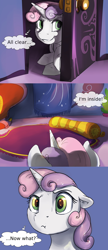 Size: 1280x2967 | Tagged: safe, artist:silfoe, character:sweetie belle, species:pony, species:unicorn, royal sketchbook, comic, dialogue, didn't think this through, female, filly, foal, scrunchy face, sneaking, solo, thought bubble