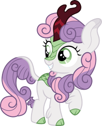 Size: 976x1200 | Tagged: safe, artist:cloudyglow, character:sweetie belle, species:kirin, cloven hooves, colored hooves, curved horn, cute, diasweetes, female, filly, grin, horn, kirin-ified, kirinbetes, leg fluff, leonine tail, looking back, raised hoof, scales, show accurate, simple background, smiling, solo, species swap, squee, transparent background, vector
