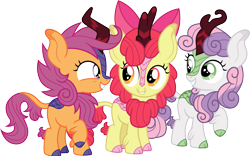 Size: 1925x1200 | Tagged: safe, artist:cloudyglow, character:apple bloom, character:scootaloo, character:sweetie belle, species:kirin, species:pegasus, species:pony, episode:sounds of silence, g4, my little pony: friendship is magic, adorabloom, bow, cloven hooves, colored hooves, crusaderbetes, curved horn, cute, cutealoo, cutie mark crusaders, diasweetes, eye contact, female, filly, grin, hair bow, horn, kirin-ified, kirinbetes, leg fluff, leonine tail, looking at each other, looking back, raised hoof, scales, show accurate, simple background, smiling, species swap, squee, transparent background, trio, vector
