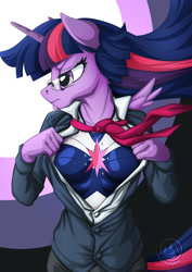 Size: 955x1351 | Tagged: safe, artist:mysticalpha, character:twilight sparkle, character:twilight sparkle (alicorn), species:alicorn, species:anthro, species:pony, breasts, captain marvel (marvel), clothing, crossover, female, glasses, marvel, necktie, older, older twilight, open clothes, open shirt, serious, serious face, shirt, solo, suit, superhero, superhero costume, undershirt