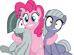 Size: 4083x3000 | Tagged: safe, artist:cloudyglow, character:limestone pie, character:marble pie, character:pinkie pie, species:earth pony, species:pony, episode:rock solid friendship, g4, my little pony: friendship is magic, female, hind legs, hug, mare, pie sisters, siblings, simple background, sisters, smiling, surprised, transparent background, vector