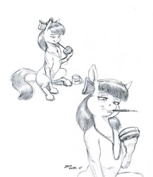 Size: 1024x1179 | Tagged: safe, artist:baron engel, character:apple bloom, species:earth pony, species:pony, bow, female, filly, grayscale, hair bow, jewelry, monochrome, mouth hold, paint can, paintbrush, pencil drawing, pendant, simple background, solo, story included, traditional art, white background