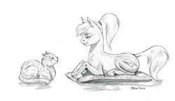Size: 1400x808 | Tagged: safe, artist:baron engel, oc, oc:quick silver, species:earth pony, species:pony, cat, cushion, female, grayscale, lying down, mare, monochrome, pencil drawing, ponytail, simple background, story included, traditional art, white background