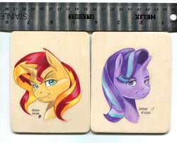 Size: 1300x1048 | Tagged: safe, artist:baron engel, character:starlight glimmer, character:sunset shimmer, species:pony, species:unicorn, female, mare, ruler, smiling, traditional art
