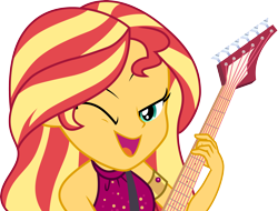 Size: 3946x3000 | Tagged: safe, artist:cloudyglow, character:sunset shimmer, equestria girls:spring breakdown, g4, my little pony: equestria girls, my little pony:equestria girls, spoiler:eqg series (season 2), all good (song), clothing, electric guitar, female, guitar, one eye closed, simple background, sleeveless, smiling, solo, transparent background, vector, wink
