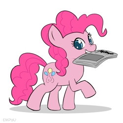 Size: 1000x1000 | Tagged: safe, artist:empyu, character:pinkie pie, species:earth pony, species:pony, 30 minute art challenge, behaving like a dog, cute, diapinkes, female, mouth hold, newspaper, puppy pie, simple background, smiling, solo, white background