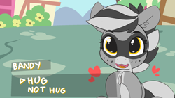 Size: 1280x720 | Tagged: safe, artist:pabbley, artist:threetwotwo32232, edit, oc, oc only, oc:bandy cyoot, species:earth pony, species:pony, dating sim, dialogue box, fangs, female, heart, hooves together, looking at you, open mouth, raccoon pony, smiling, solo, text, underhoof, wide eyes