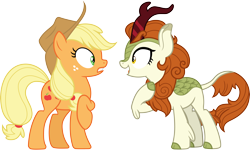 Size: 4988x3000 | Tagged: safe, artist:cloudyglow, character:applejack, character:autumn blaze, species:earth pony, species:kirin, species:pony, episode:sounds of silence, g4, my little pony: friendship is magic, .ai available, applejack's hat, clothing, cloven hooves, colored hooves, cowboy hat, duo, female, freckles, hat, looking at each other, mare, simple background, transparent background, vector