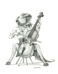 Size: 1000x1280 | Tagged: safe, artist:baron engel, character:octavia melody, species:anthro, species:earth pony, species:pony, species:unguligrade anthro, breasts, cello, choker, cleavage, clothing, corset, eyes closed, female, grayscale, mare, monochrome, musical instrument, pencil drawing, shirt, shoes, simple background, sitting, skirt, solo, traditional art, white background
