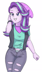Size: 1807x3031 | Tagged: safe, artist:sumin6301, character:starlight glimmer, equestria girls:mirror magic, g4, my little pony: equestria girls, my little pony:equestria girls, spoiler:eqg specials, beanie, clothing, female, green underwear, grin, hat, open fly, panties, shirt, smiling, solo, striped underwear, unbuttoned, underwear, unzipped, unzipped pants, vest
